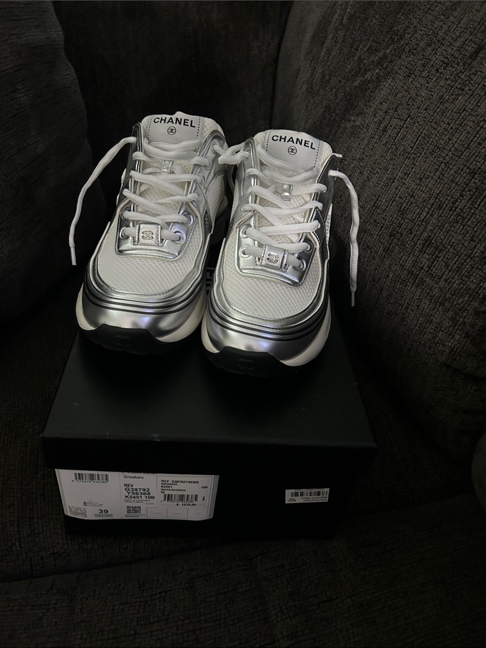 CHANEL White and Silver Lace-Up Sneakers